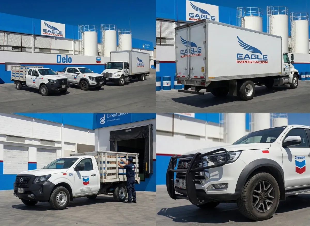 Collage de las unidades de Eagle Importación: camión de caja, camionetas de reparto y carga de producto